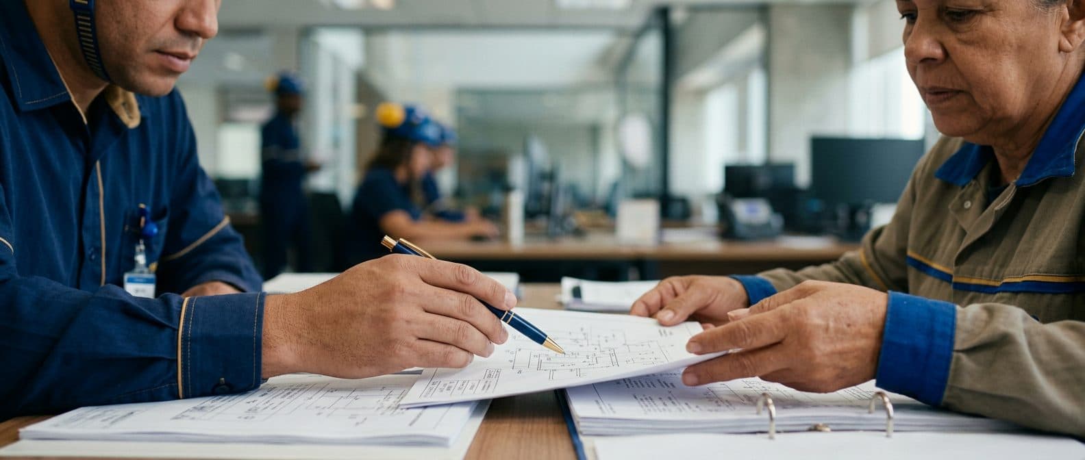 Duas pessoas assinando e revisando documentos técnicos sobre a mesa
