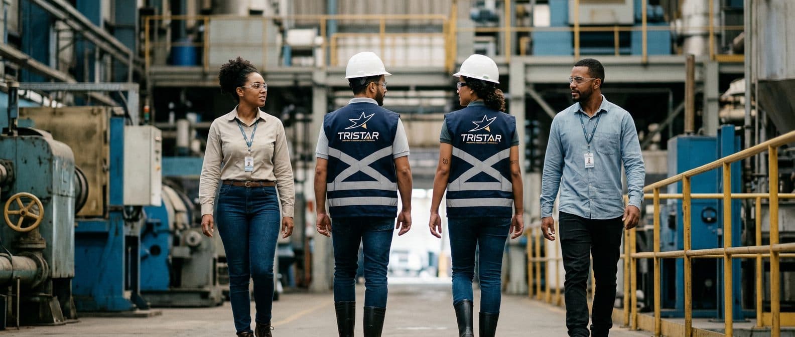 Equipe multidisciplinar com colete e capacete em visita técnica