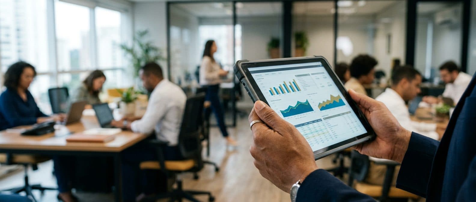 Mãos segurando um tablet com relatórios e indicadores de SST