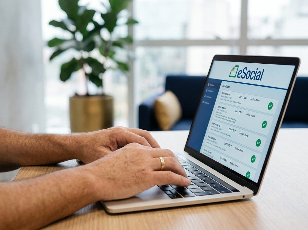 Profissional operando o portal do eSocial em um notebook, com os eventos de SST na tela