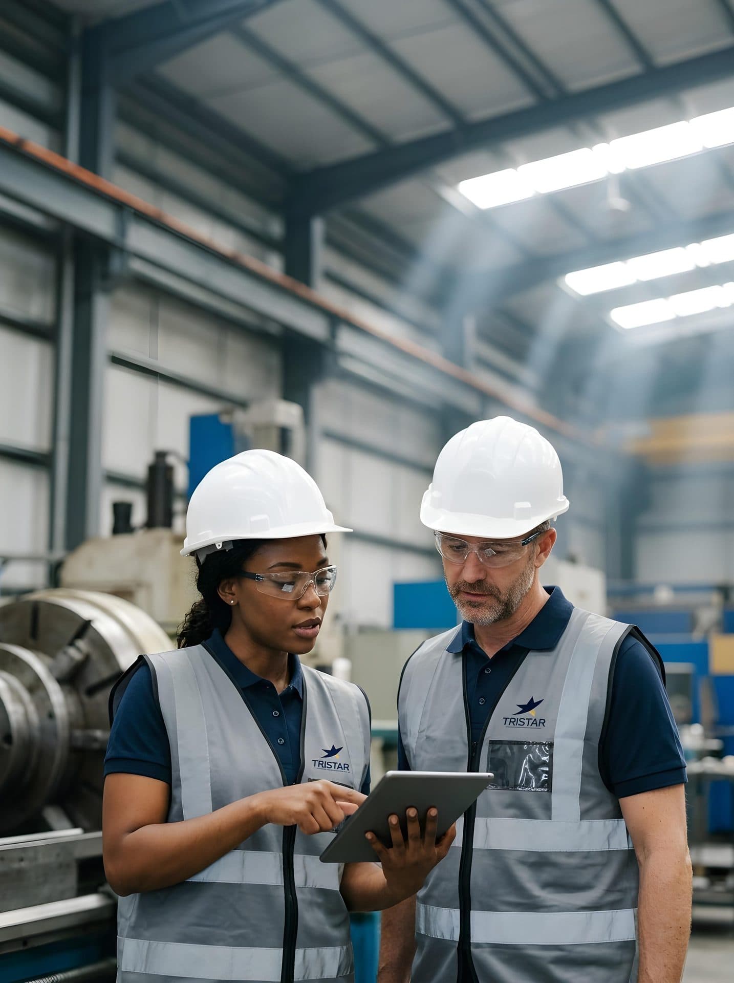 Time de segurança do trabalho de capacete e óculos de proteção em uma indústria