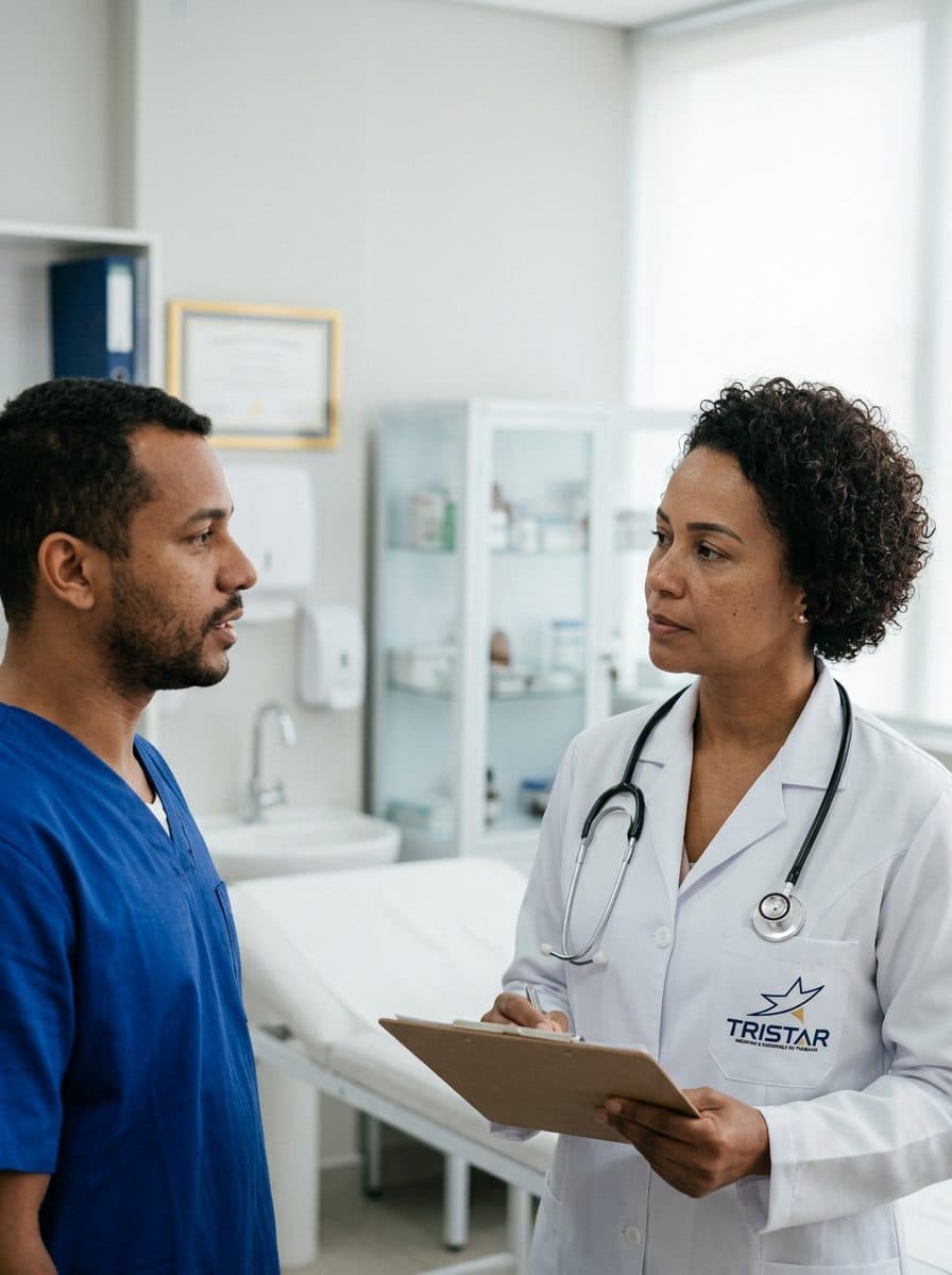 Médica do trabalho durante consulta com um paciente no consultório