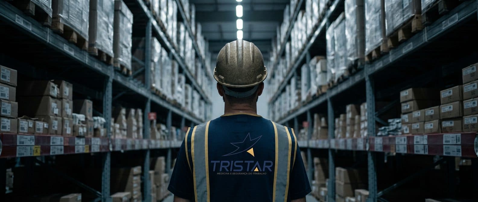 Trabalhador de capacete observando corredores de um centro de distribuição