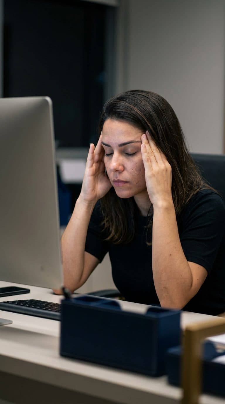 Profissional com as mãos na cabeça diante do computador, demonstrando sobrecarga mental