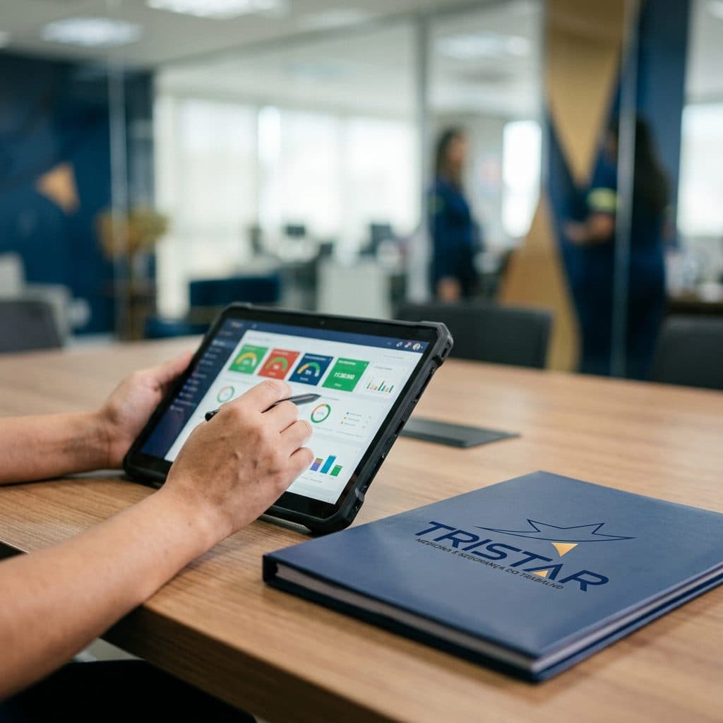 Mãos segurando um tablet com painéis e gráficos de indicadores