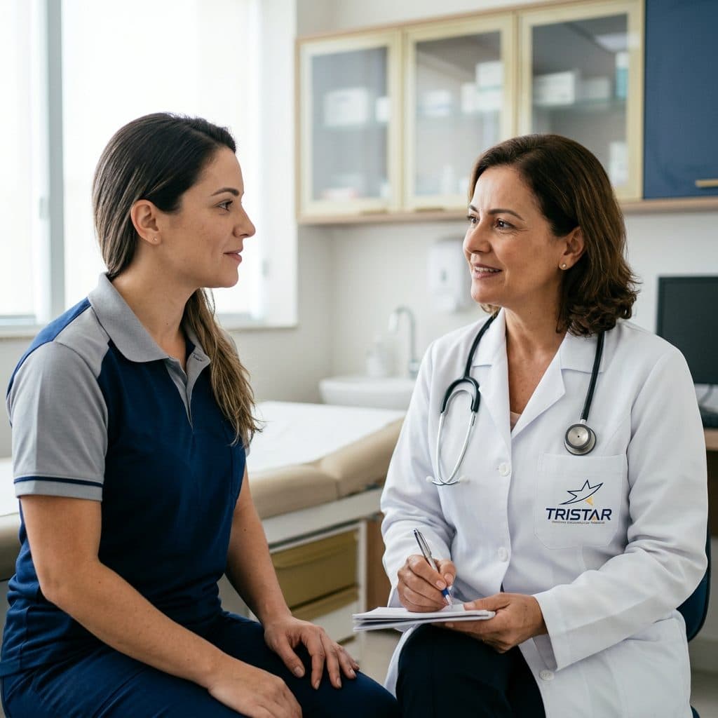 Médica do trabalho em consulta com uma colaboradora
