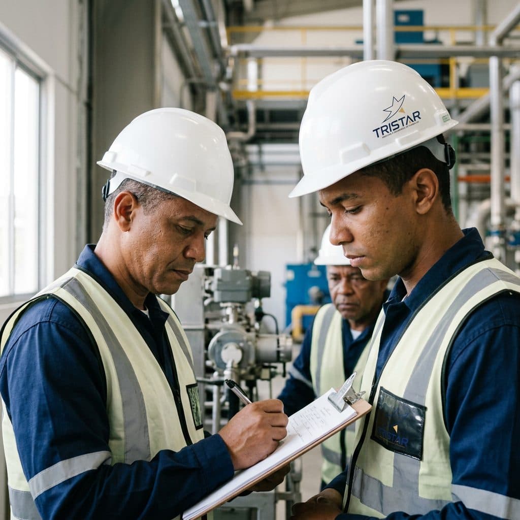 Dupla de técnicos de segurança do trabalho em inspeção com tablet