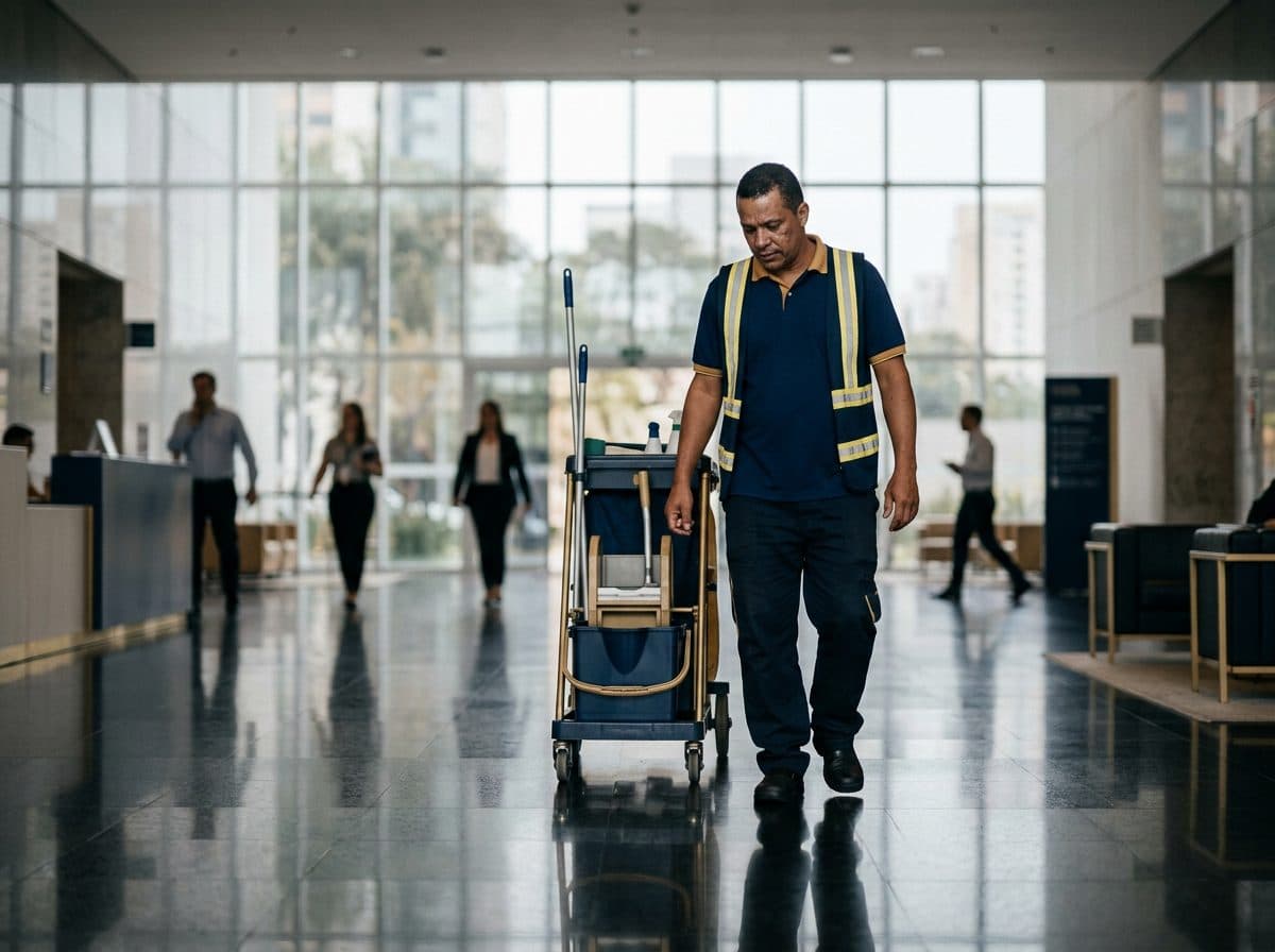 Profissional de limpeza em um hall corporativo