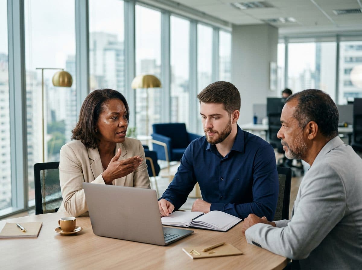 Três profissionais em reunião de trabalho ao redor de um notebook