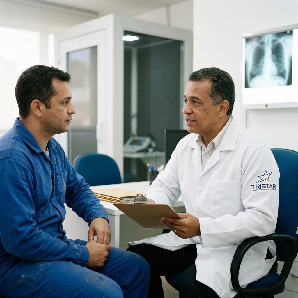 Médico do trabalho conversando com uma paciente durante o exame ocupacional