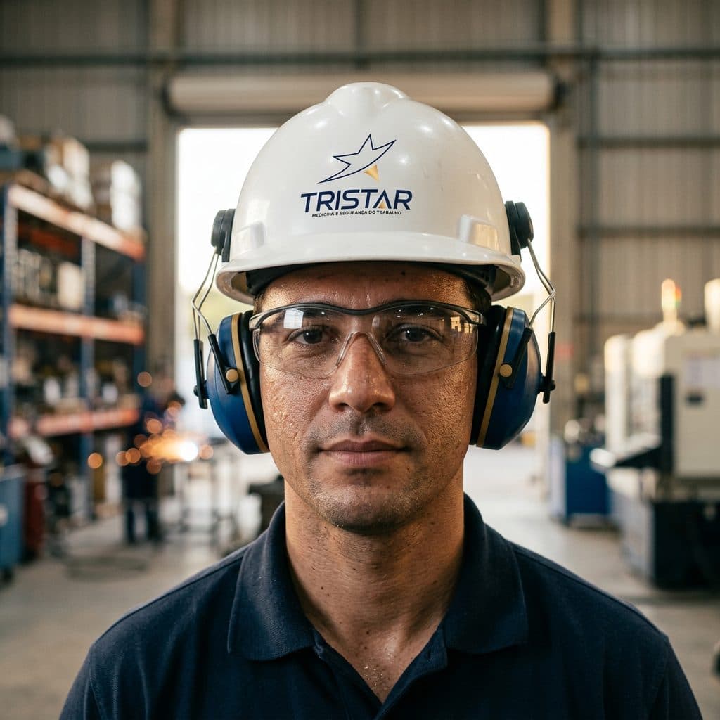 Trabalhador com capacete, óculos e protetor auricular em ambiente industrial